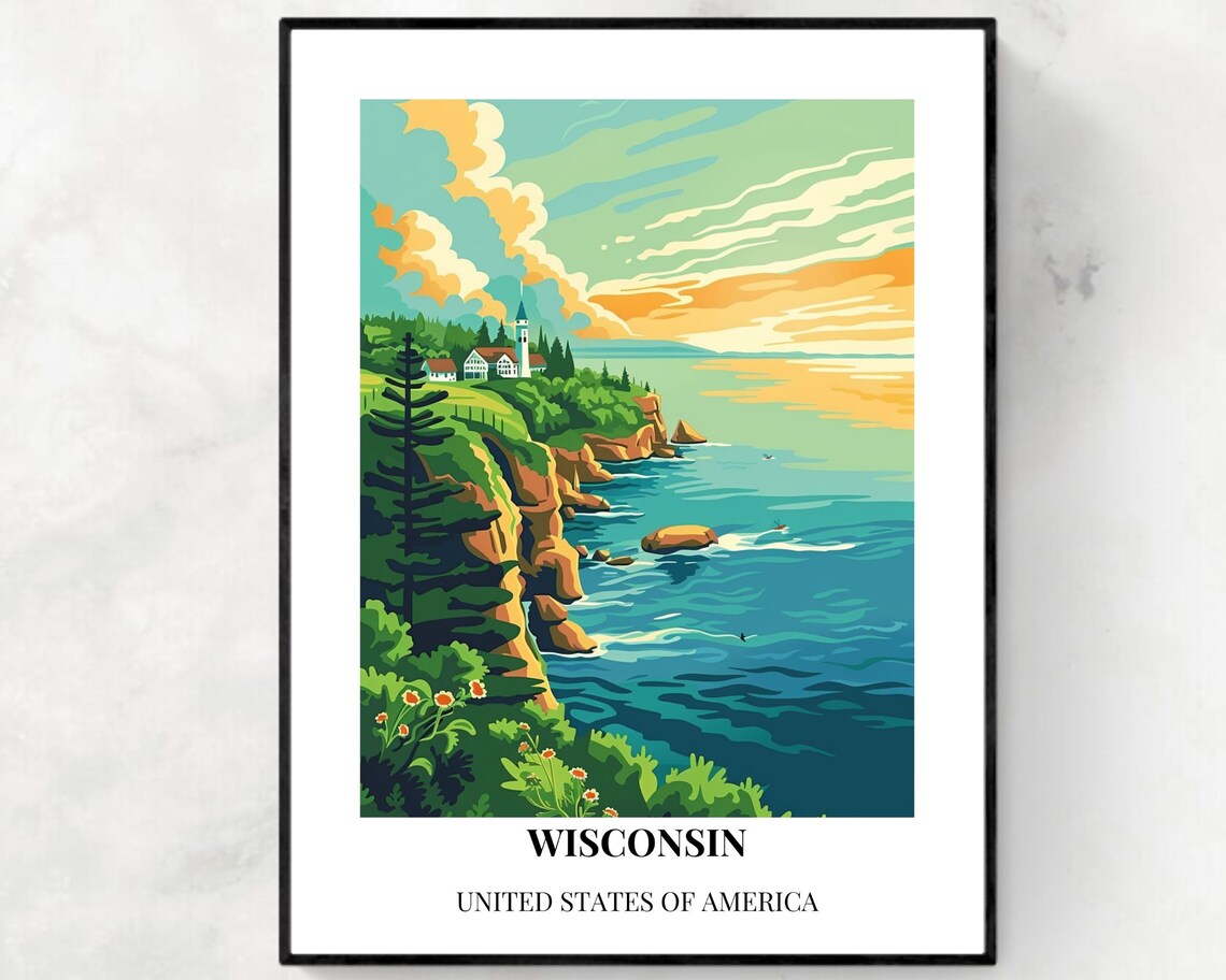 Wisconsin Rocky Shoreline Lighthouse Golden Sky Travel Poster