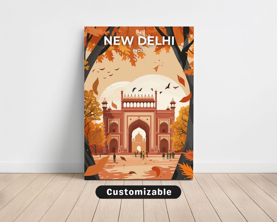 New Delhi India Autumn Arch Monument Fall Leaves Travel Poster