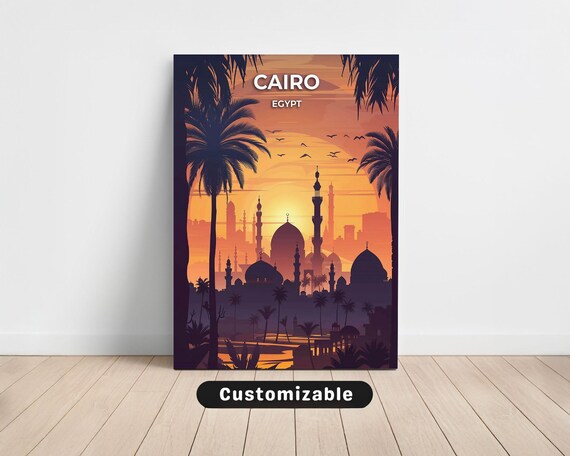 Cairo Egypt Sunset Mosque Skyline Silhouette Palm Vintage Travel Poster