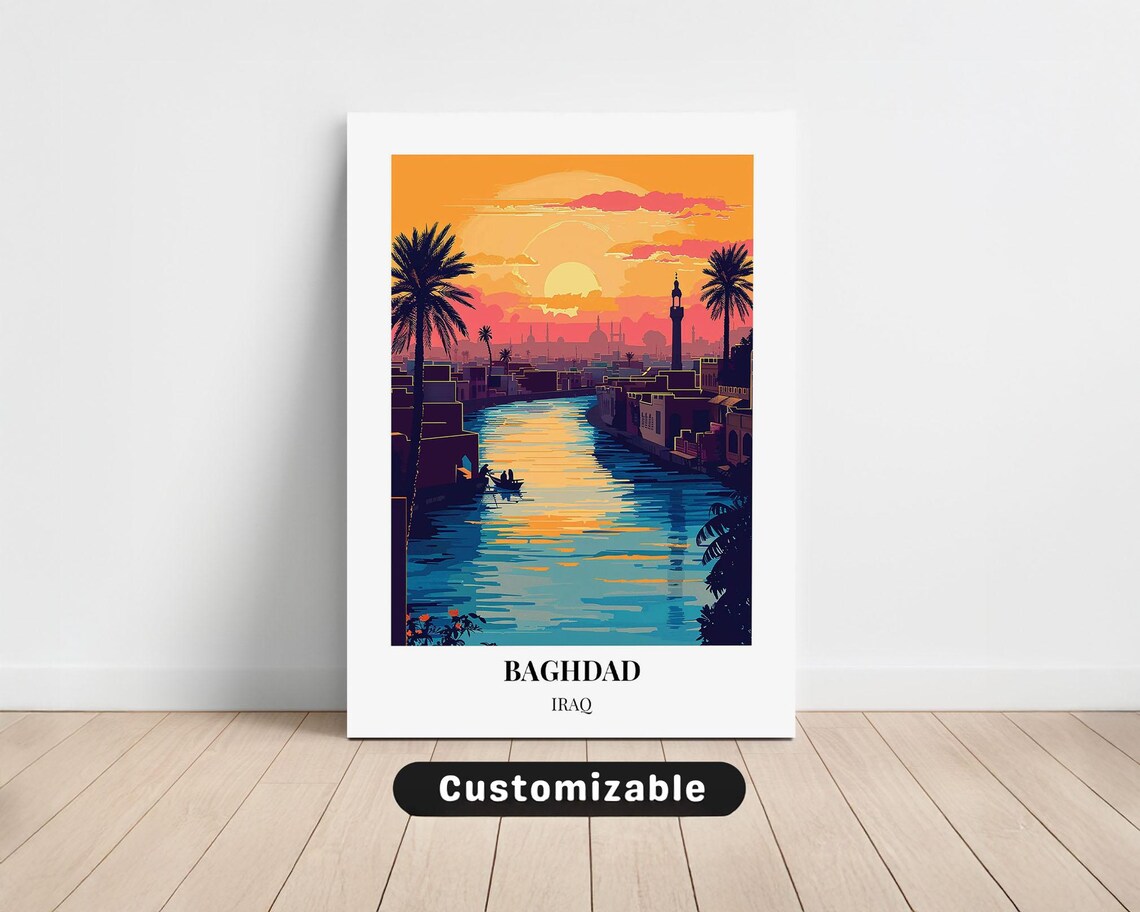 Baghdad Iraq Sunset River Palms Minaret Vintage Travel Art Poster