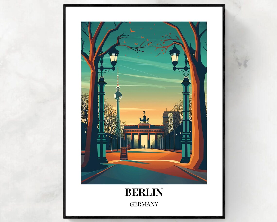 Berlin Germany Brandenburg Gate Dusk Scene Vintage Travel Poster