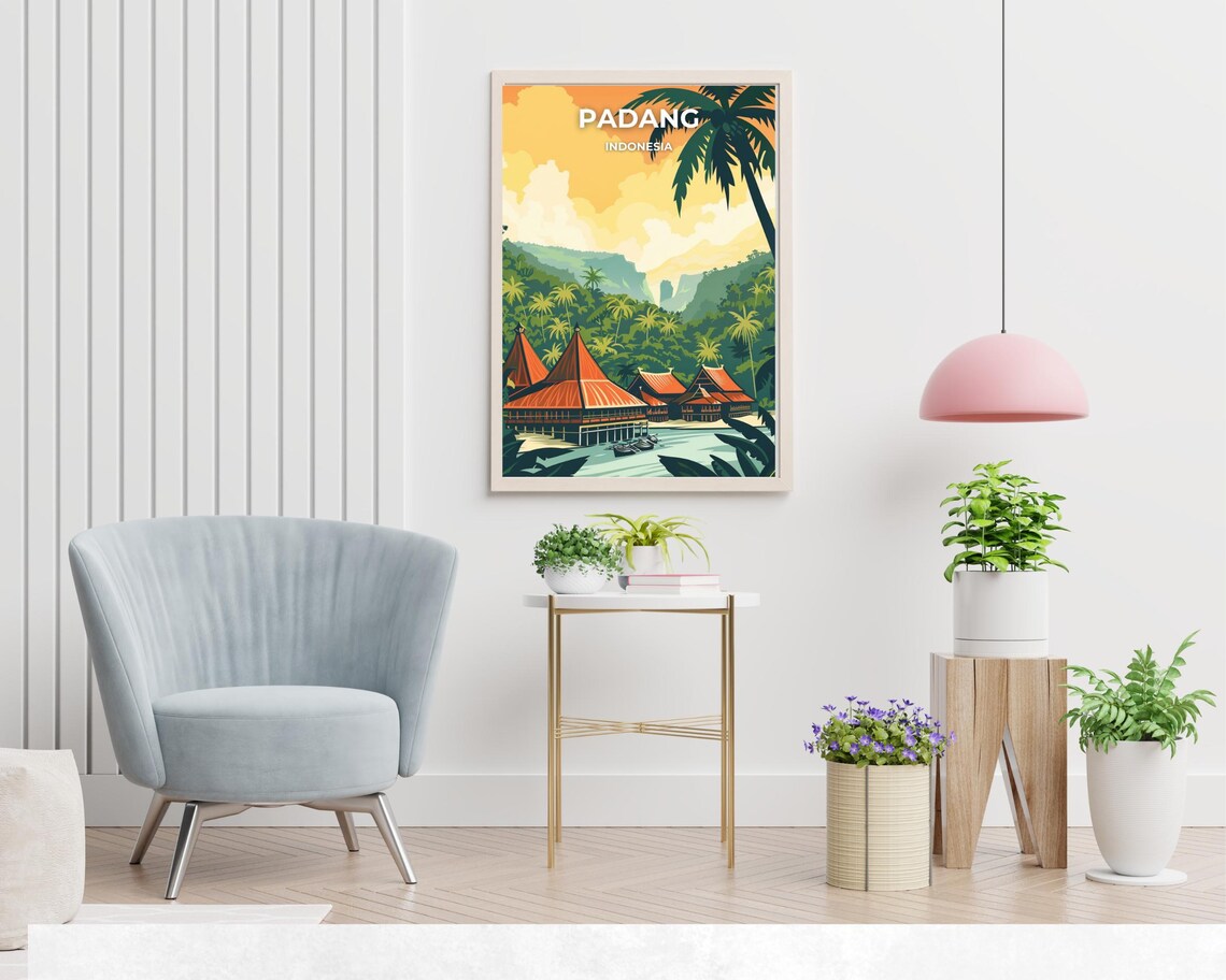 Padang Indonesia Lakeside Stilt Houses Golden Jungle Travel Poster - Image 2
