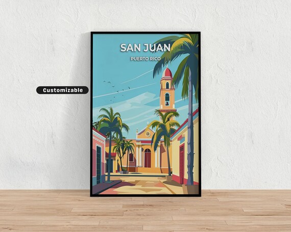 San Juan Puerto Rico Colonial Courtyard Church Palm Travel Poster