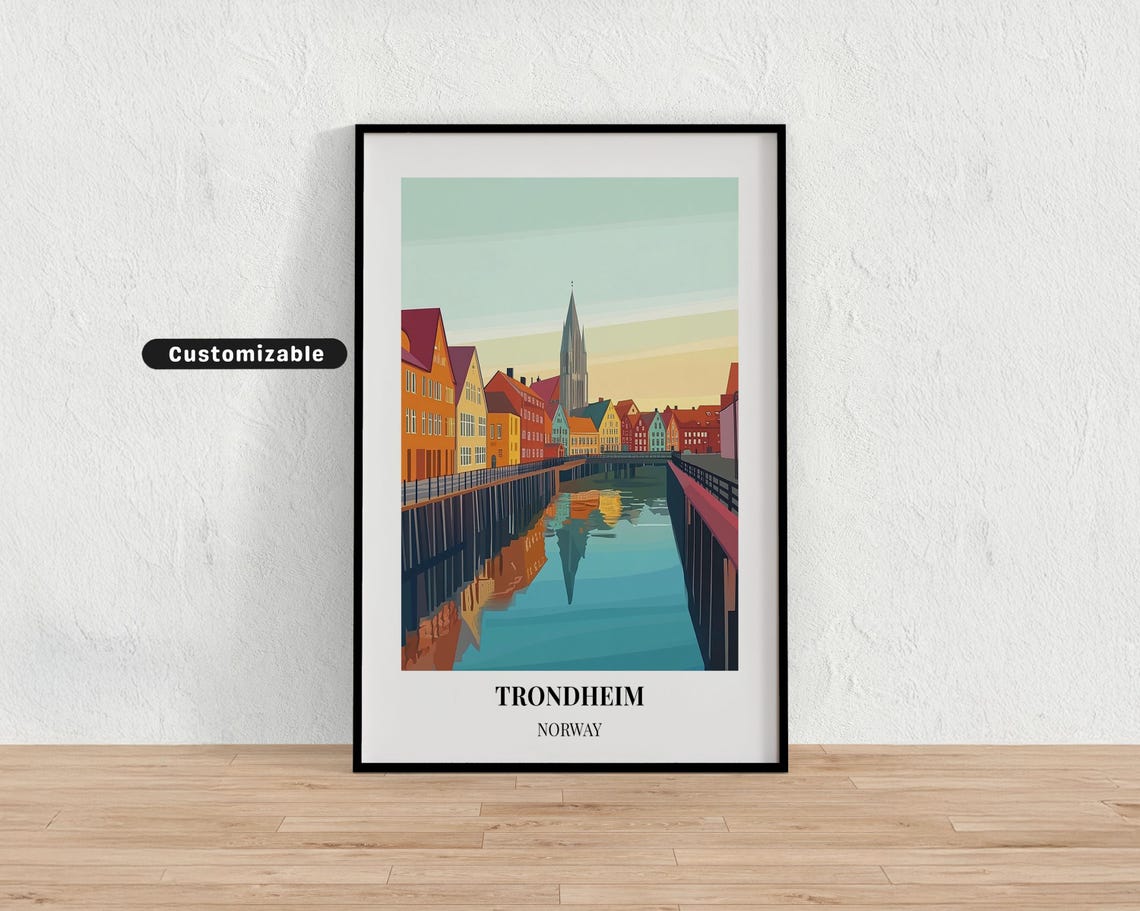Trondheim Norway Canal Wharf Sunset Cathedral Spire Travel Poster