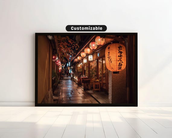 Old Kyoto Tea Alley With Glowing Paper Lanterns Japanese Wall Art Print Zen Asian Decor