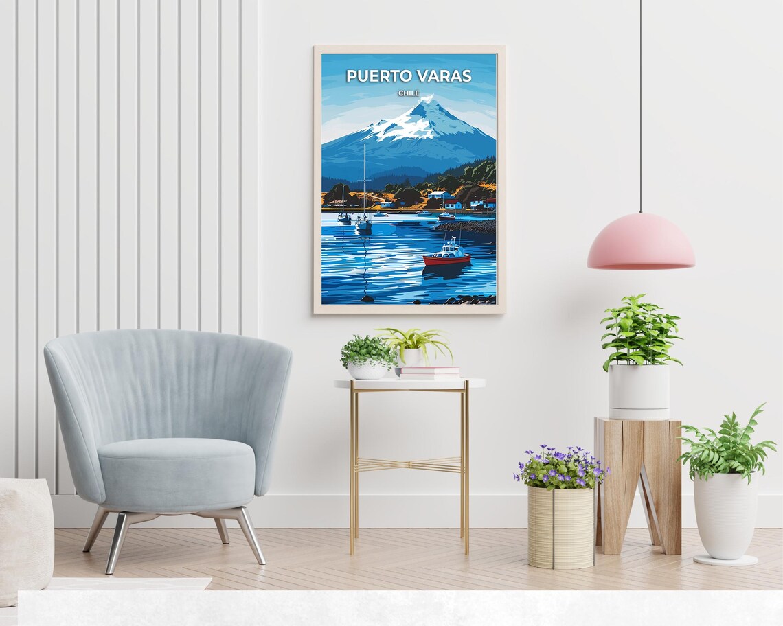 Puerto Varas Chile Snowy Volcano Peak Over Blue Harbor Poster - Image 2