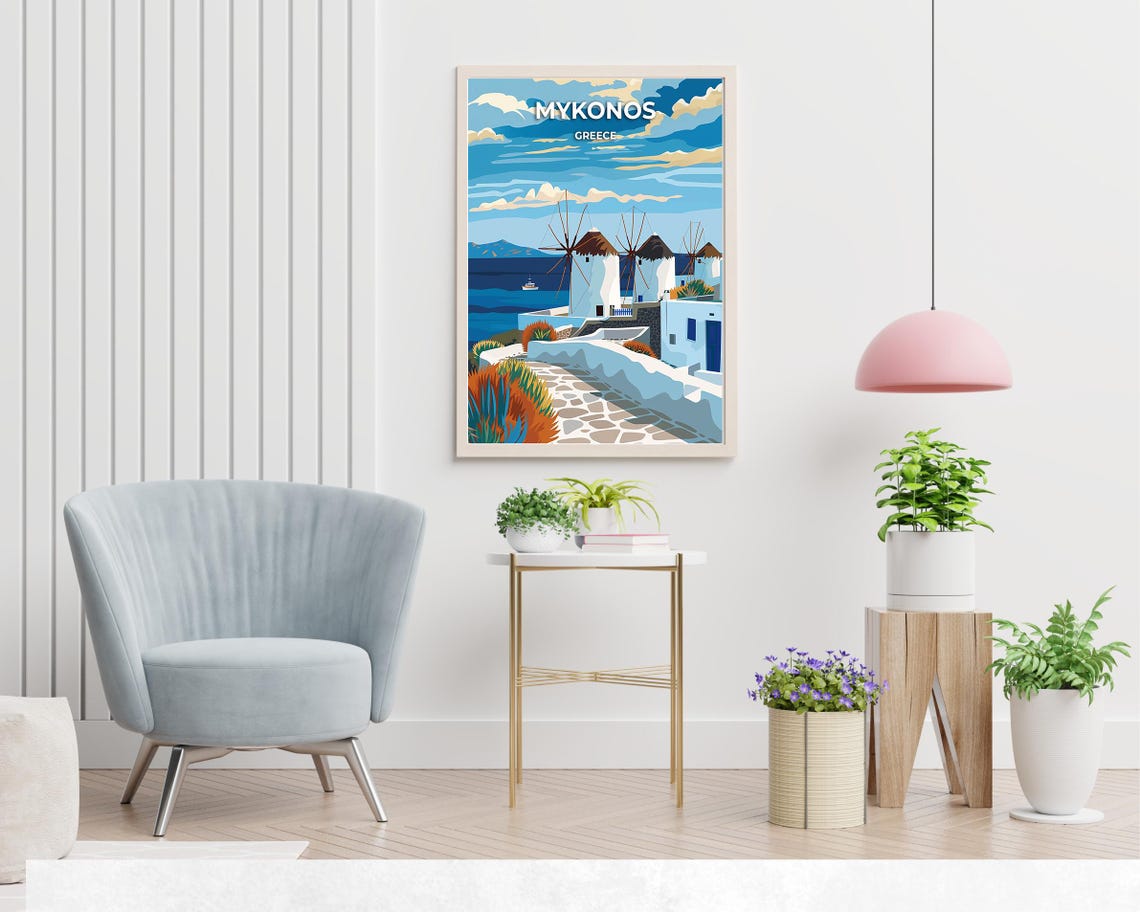 Mykonos Greece Windmills Poster with Whitewashed Aegean Sea View - Image 2