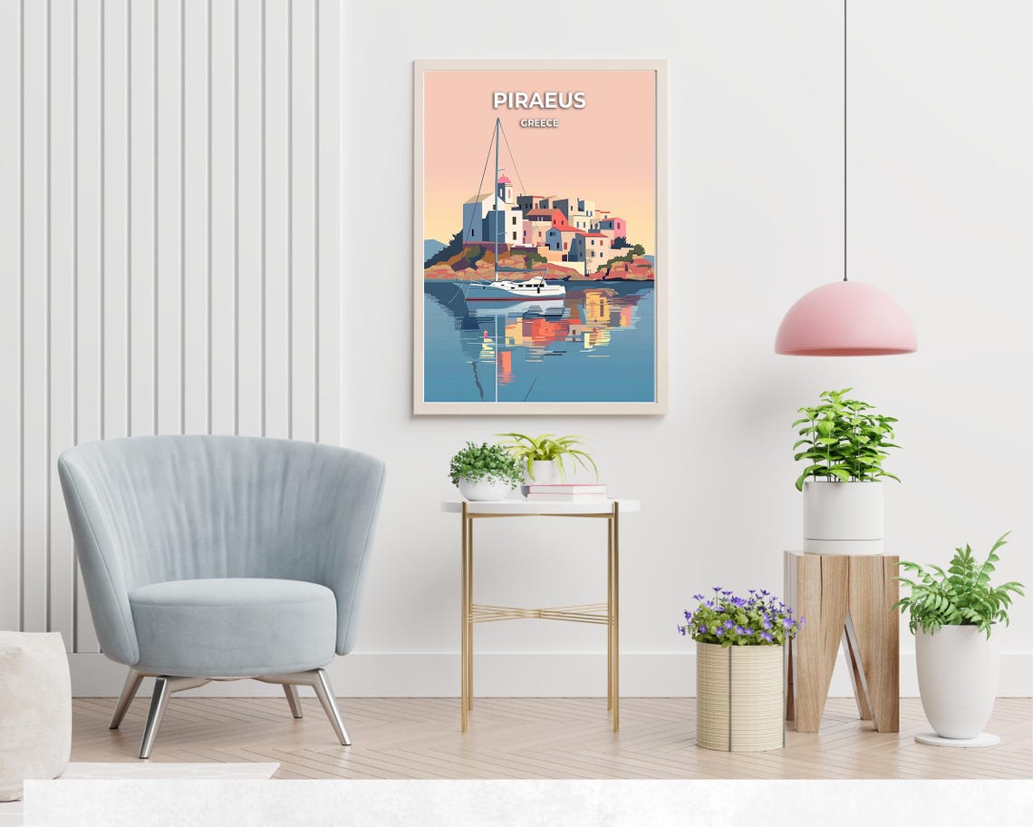 Piraeus Greece Sunset Harbor Poster with Sailboat and Waterfront - Image 2
