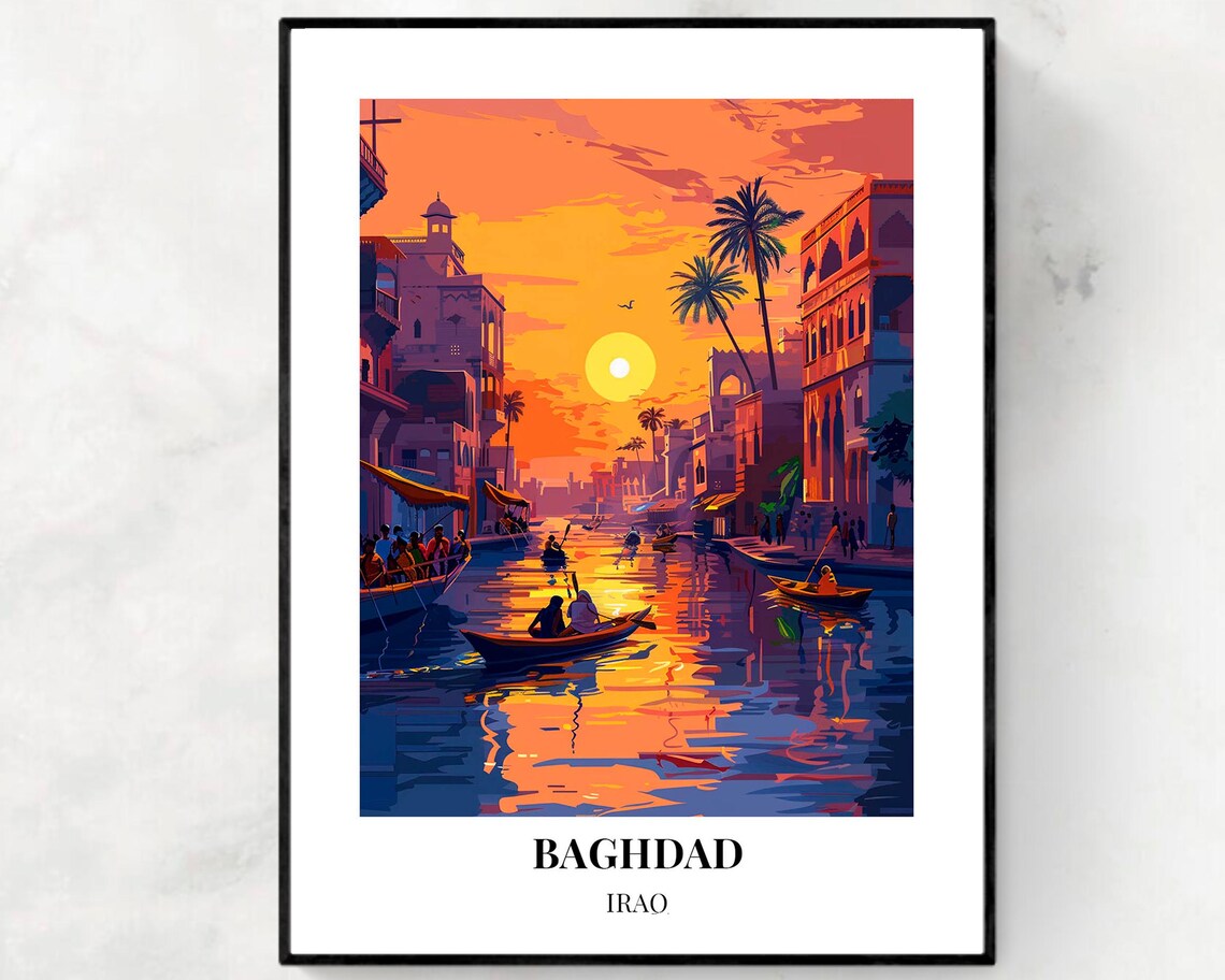 Baghdad Iraq Sunset River Boats Waterfront Canal Scene Travel Poster