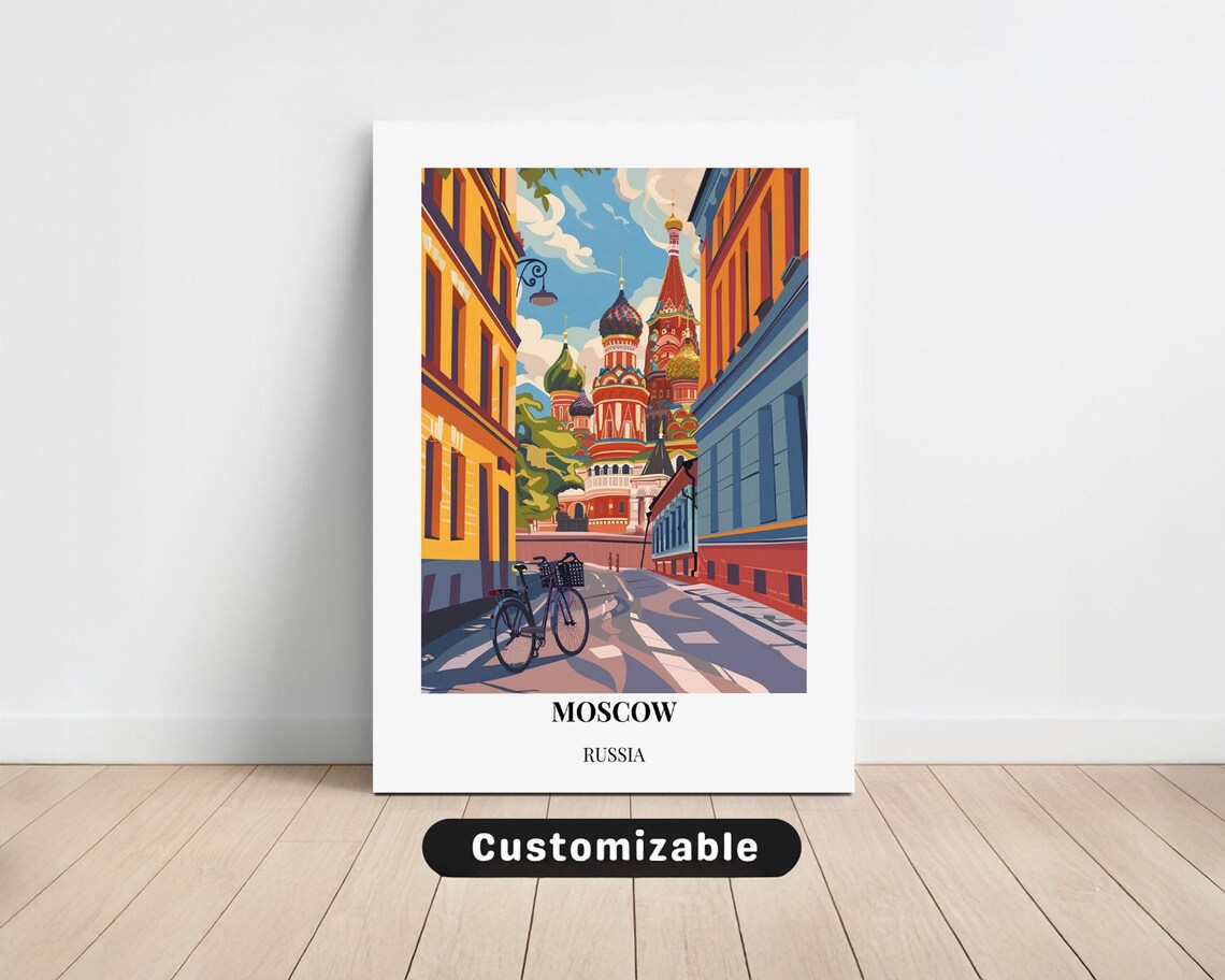 Moscow Russia Travel Poster Saint Basils Cathedral Street Bicycle Art