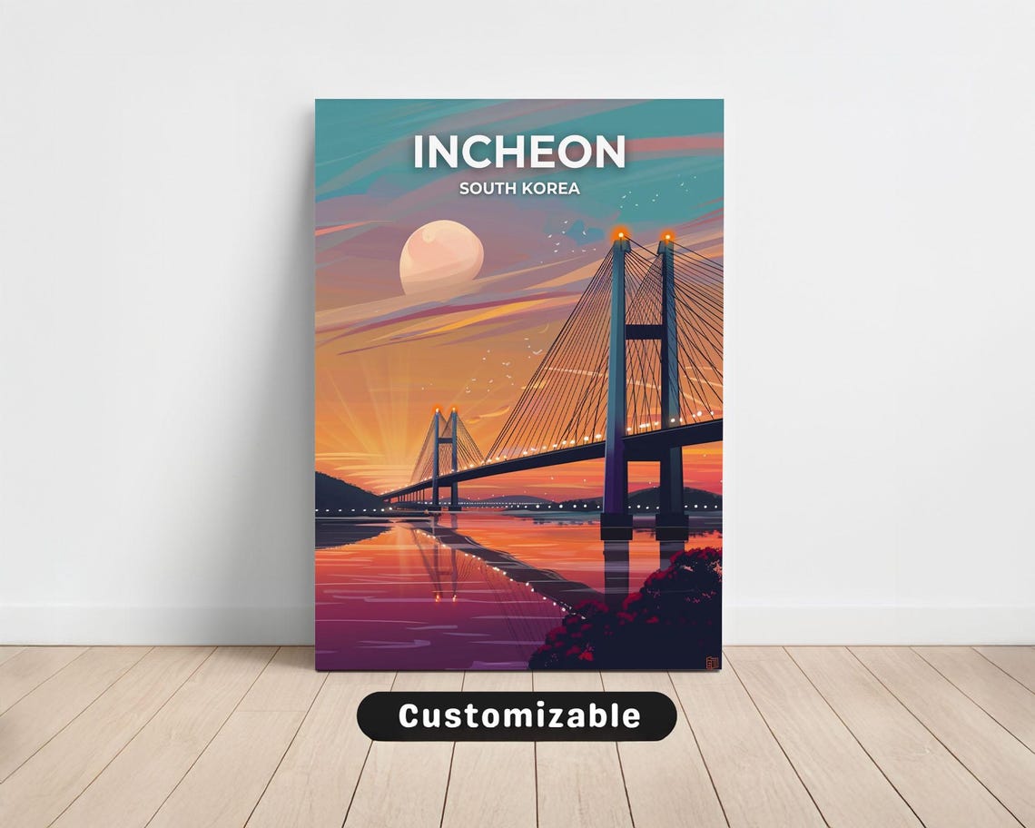 Incheon South Korea Sunset Cable Stayed Bridge Moonlight Travel Poster