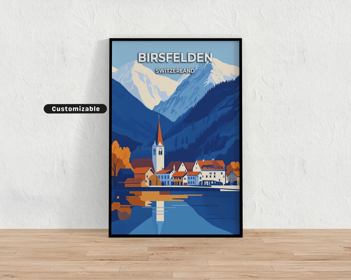 Birsfelden Switzerland Travel Poster Blue Alpine Village Lake Retro