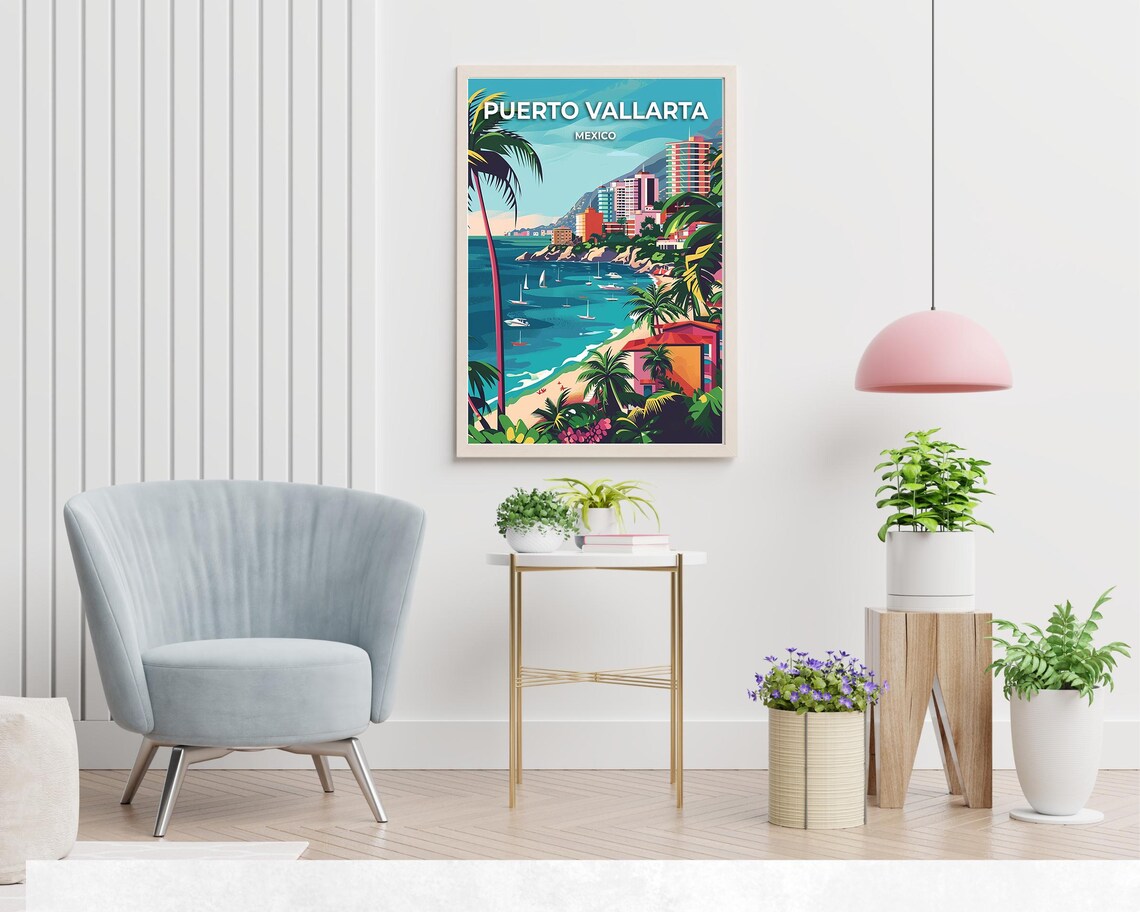 Puerto Vallarta Mexico Bay Sailboats Beach Hotels Scene Travel Poster - Image 2