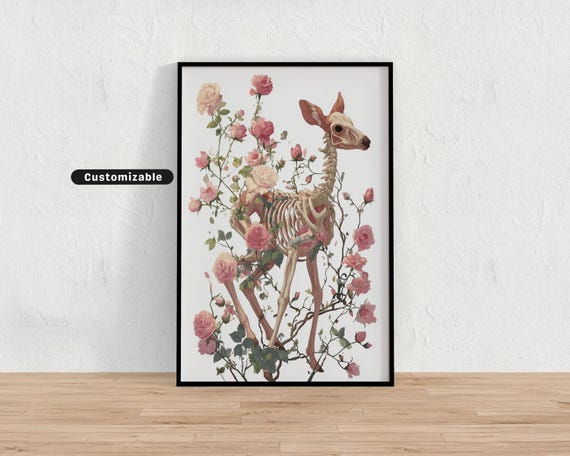 Surreal Fawn Skeleton Pink Roses Vines Botanical Gothic Poster