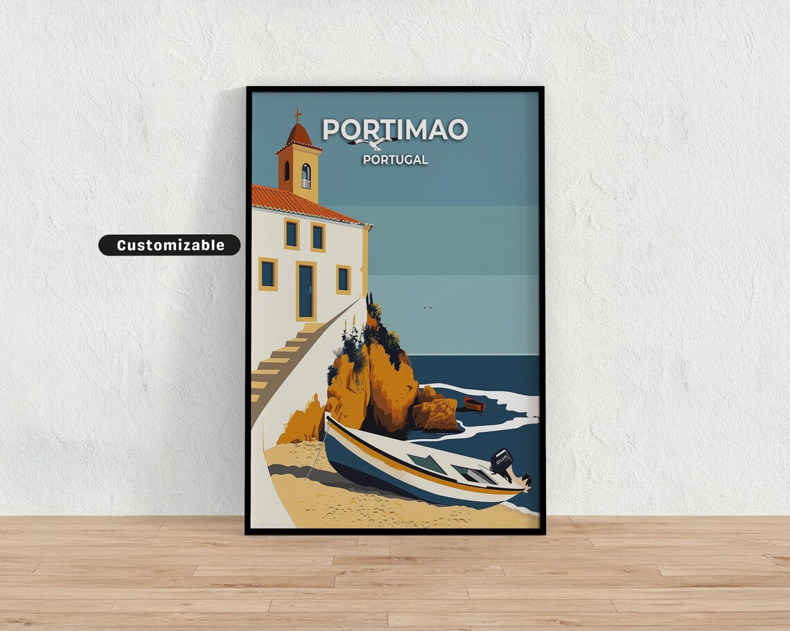 Portimao Portugal Algarve Sunset Beach Boat Vintage Travel Poster
