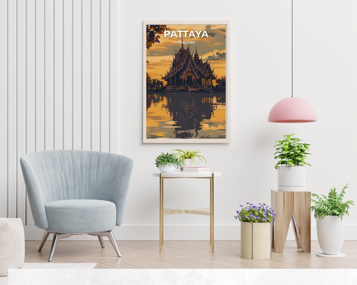 Pattaya Thailand Wooden Temple Sunset Water Reflection Poster - Image 2