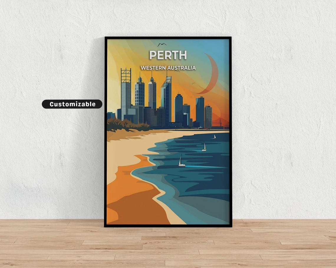 Perth Western Australia Sunset Beach Skyline Retro Travel Poster