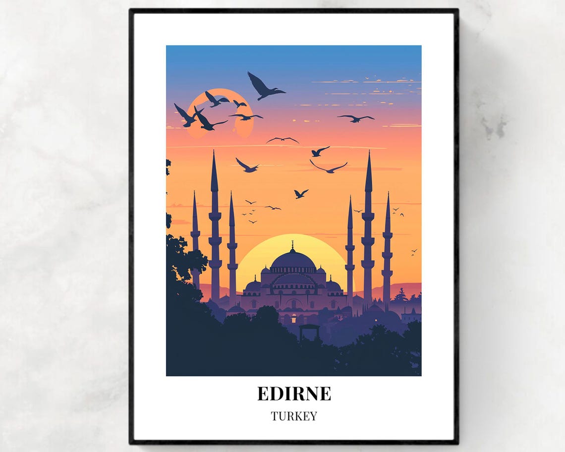 Edirne Turkey Grand Mosque Silhouette Birds at Sunset Travel Poster