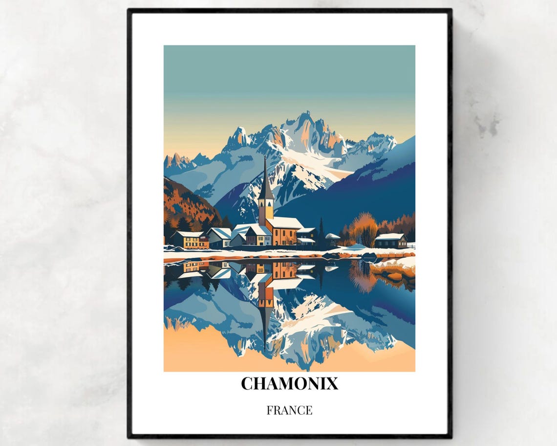 Snowy Chamonix Village and Mont Blanc Peaks Winter Reflection Poster