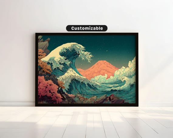 Hokusaiinspired Stylized Wave Crashing Into Cliff Japanese Wall Art Print Zen Asian Decor