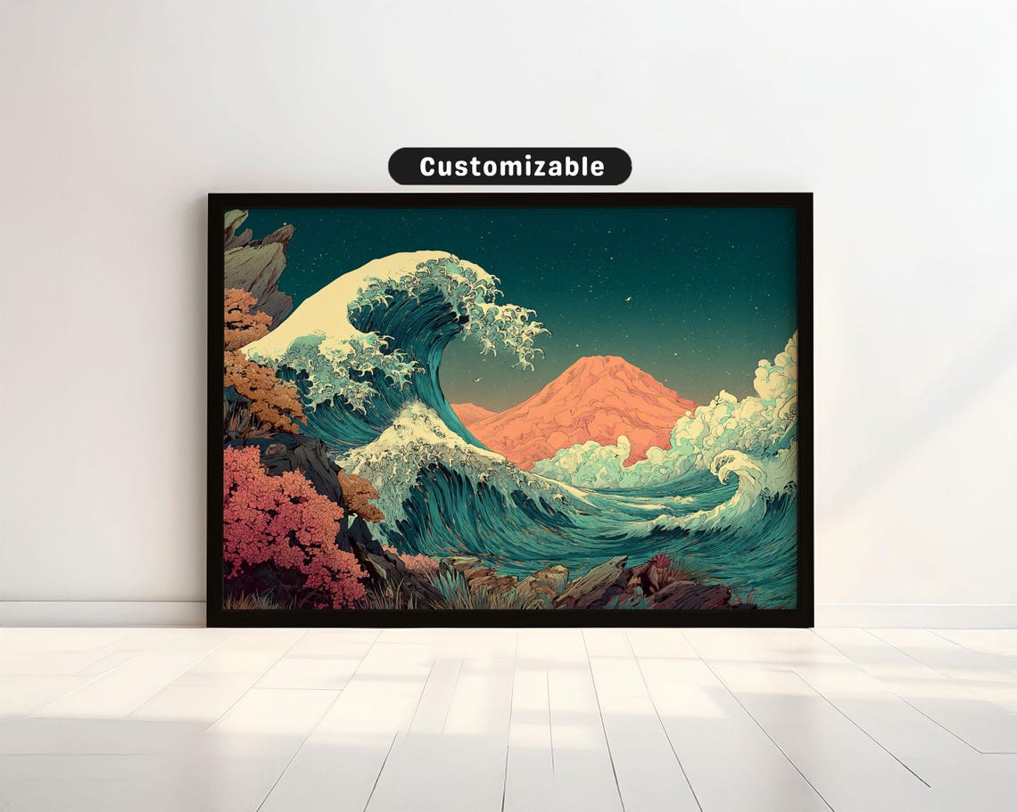 Hokusaiinspired Stylized Wave Crashing Into Cliff Japanese Wall Art Print Zen Asian Decor