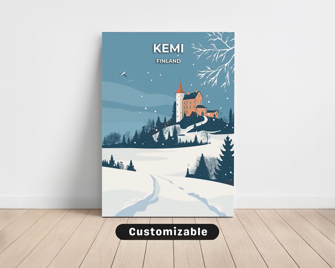 Kemi Finland Snowy Castle Hill Winter Wonderland Travel Poster