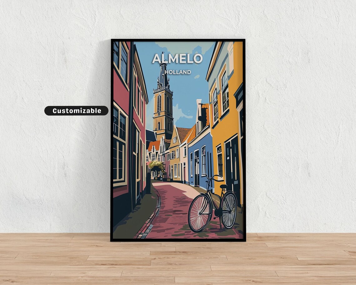 Almelo Holland Church Street Bicycle Custom Travel Poster Vintage
