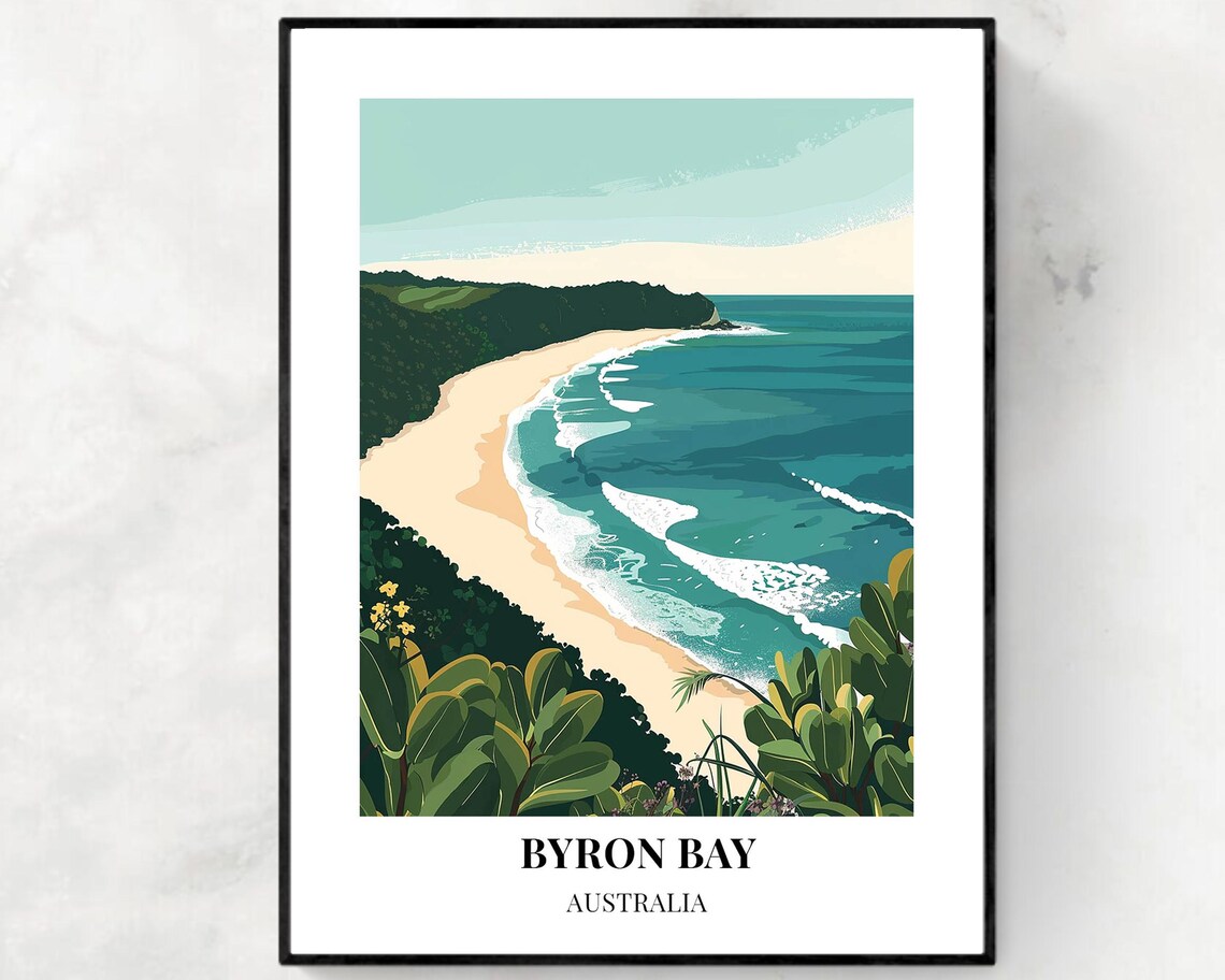 Byron Bay Australia Aerial View Curving Beach Cove Travel Poster