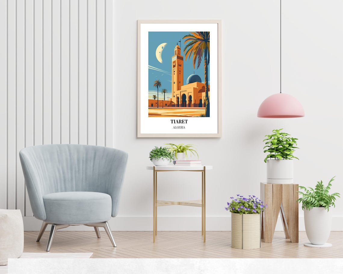 Tiaret Algeria Mosque Minaret Crescent Moon Vintage Travel Poster - Image 2
