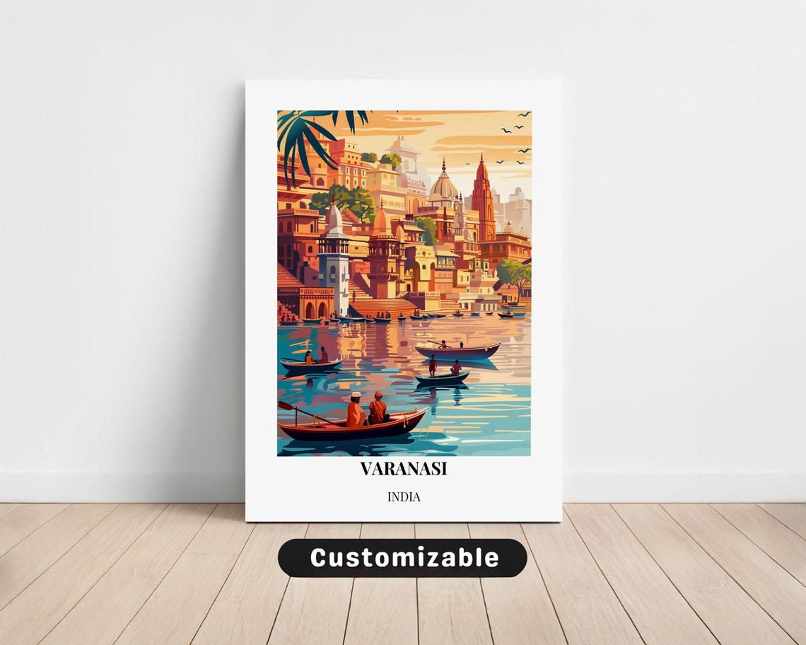 Varanasi India Ganges River Ghats Boats Sunset Travel Poster