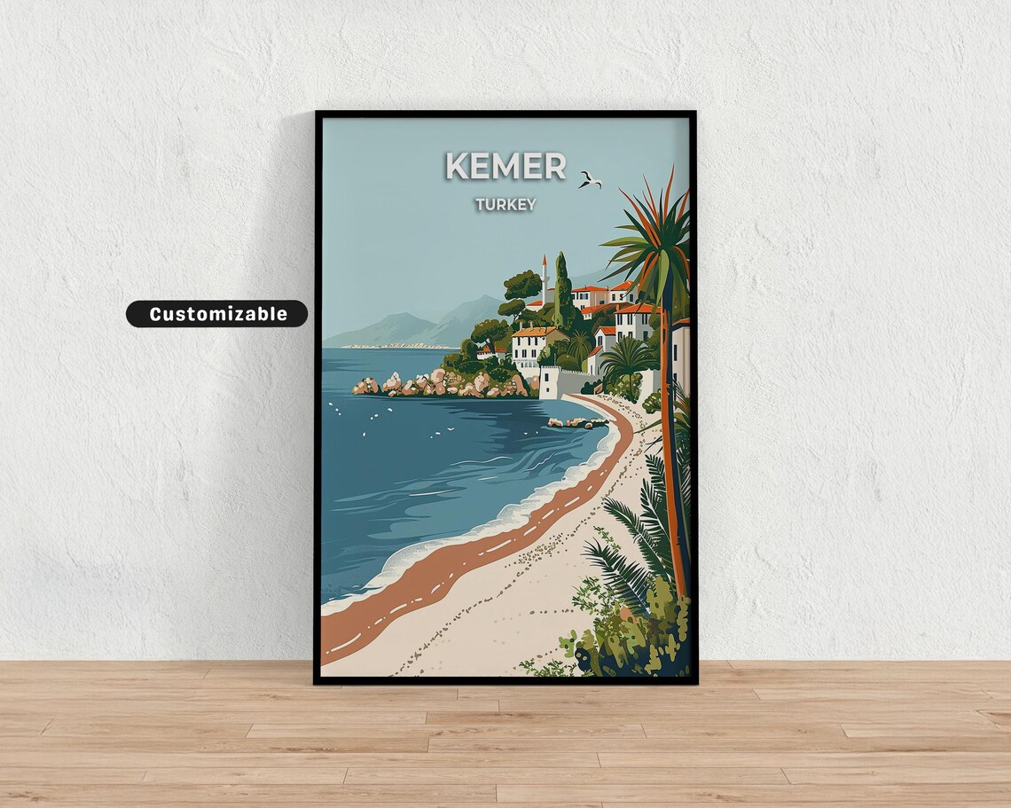 Kemer Turkey Curved Bay Beach Palm Hillside Town Coast Travel Poster