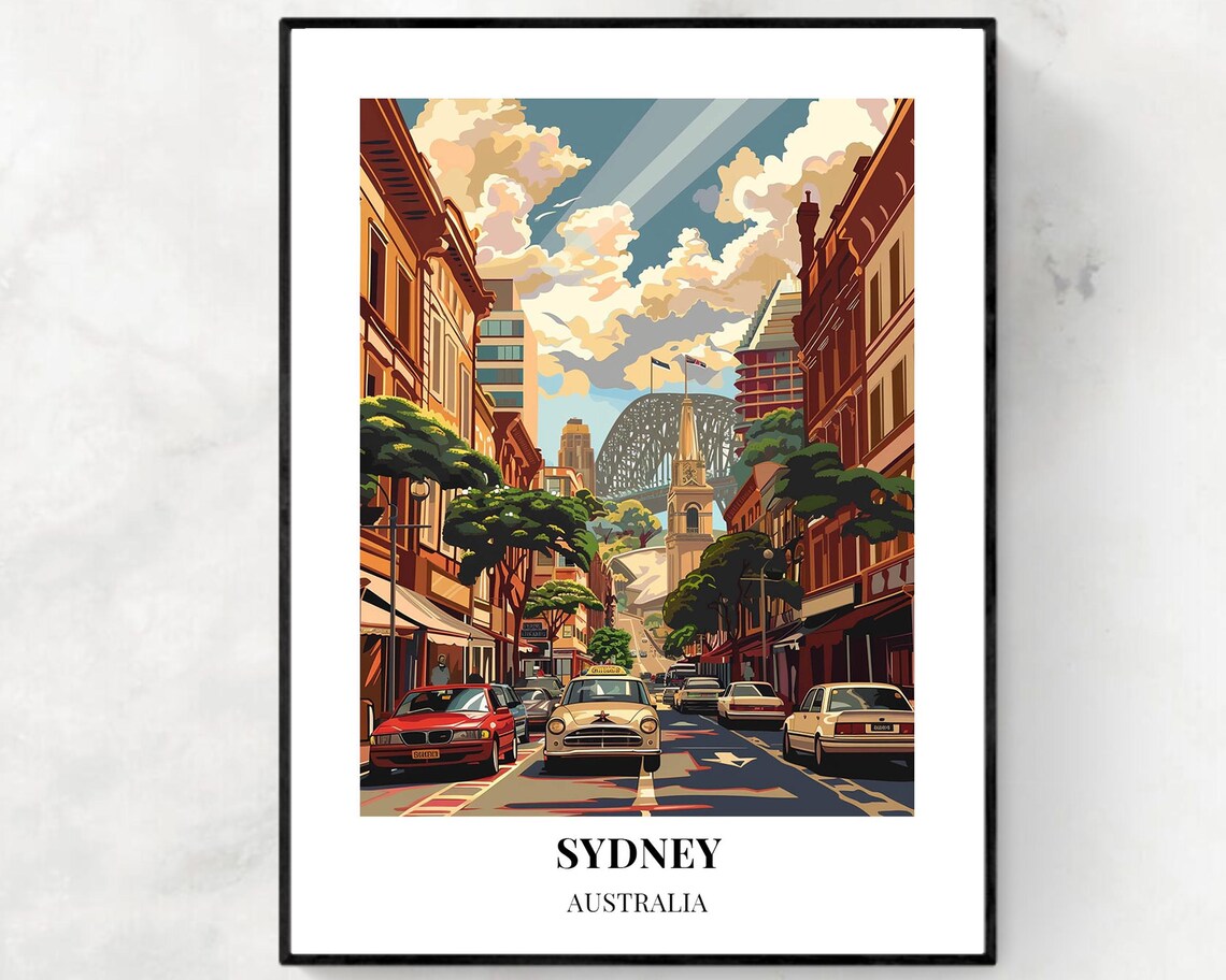 Sydney Harbour Bridge Historic City Street Scene Travel Poster