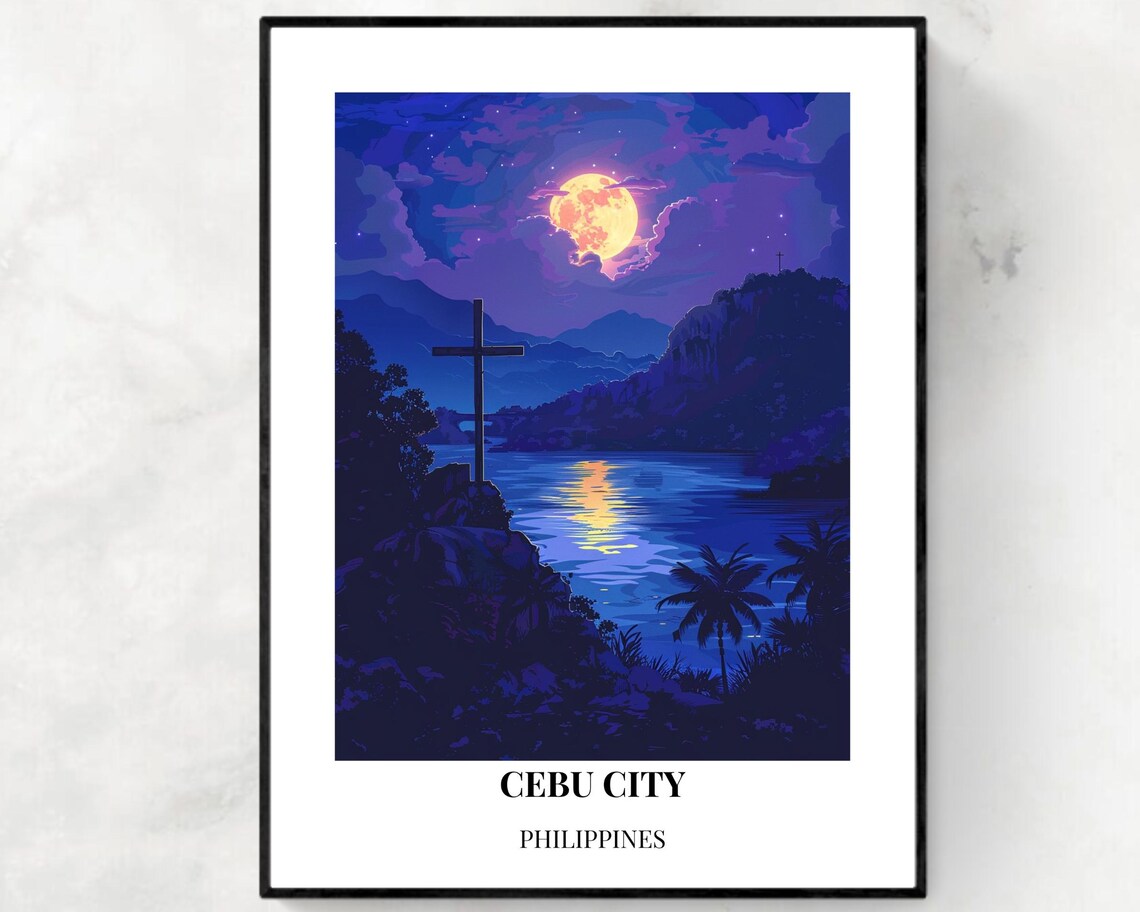 Cebu City Philippines Moonlit Cross Coastline Night Travel Poster