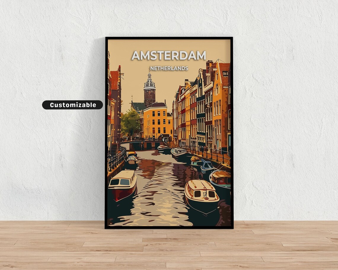 Amsterdam Netherlands Customizable Canal Houses Travel Poster Art