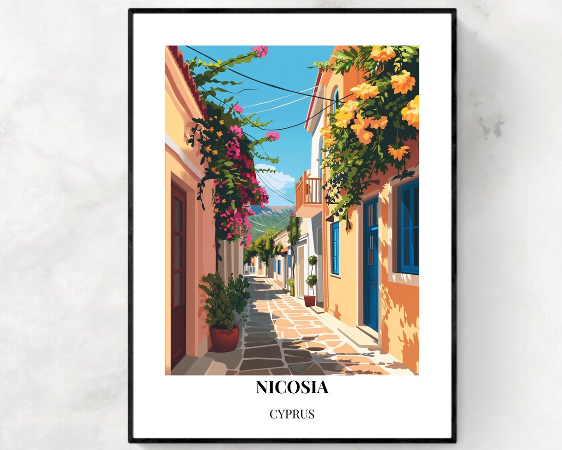 Nicosia Cyprus Flower Lined Old Town Stone Alley Travel Poster
