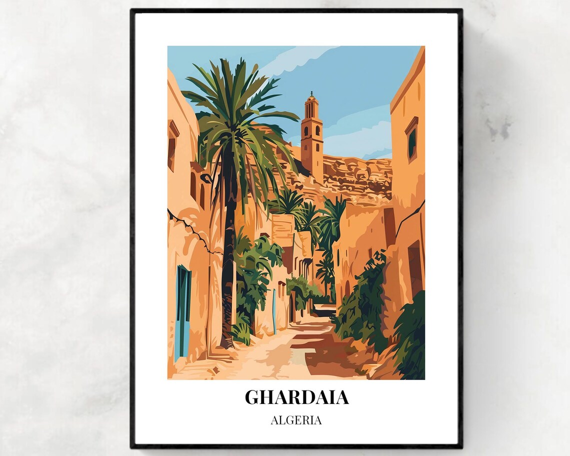 Ghardaia Algeria Palm Lined Mosque Tower Street Travel Poster