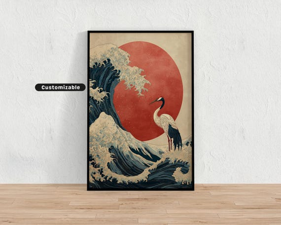 Ukiyoe Style Wave And Crane In Elegant Composition Japanese Wall Art Print Zen Asian Decor