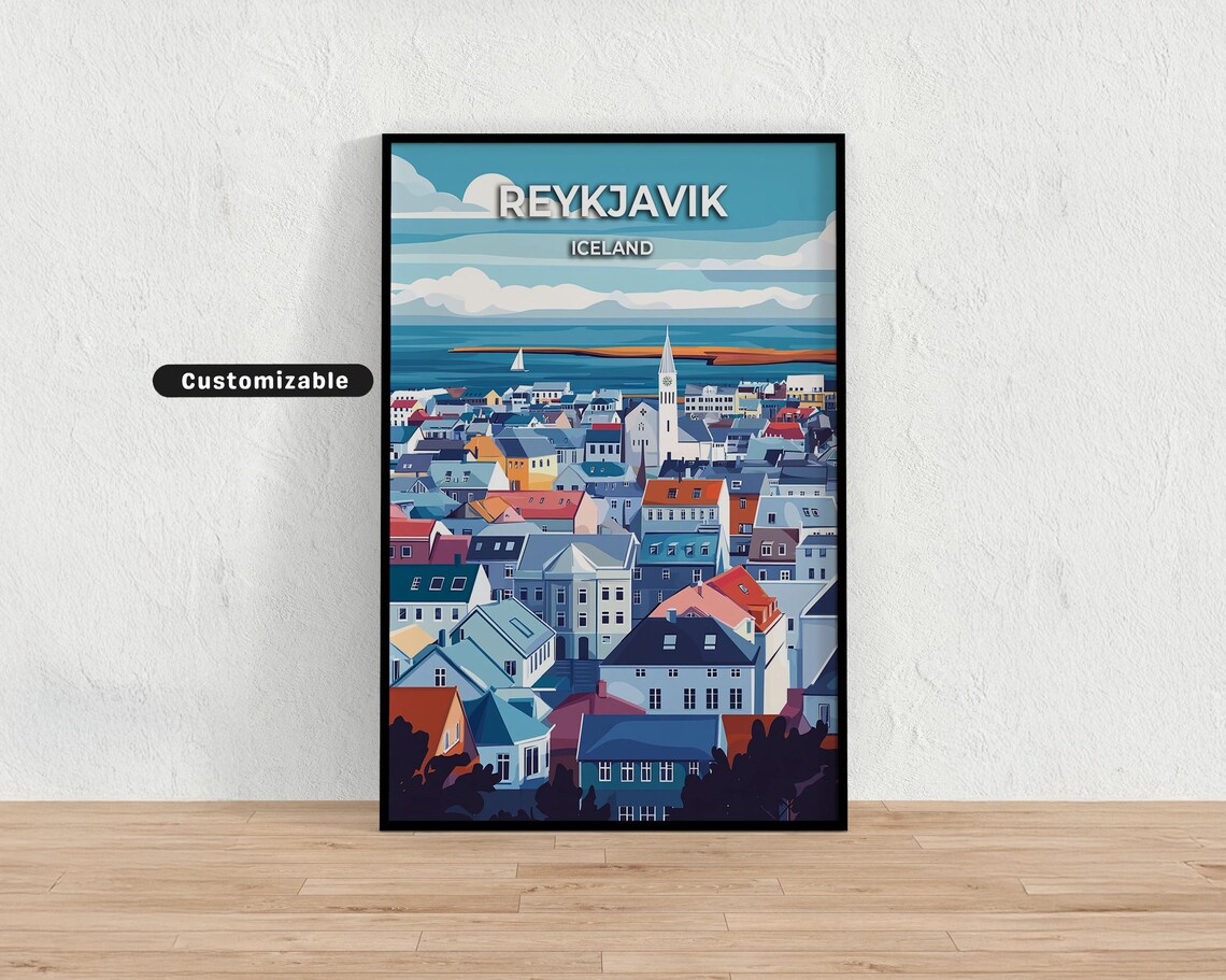 Reykjavik Iceland Colorful Harbor Houses Customizable Travel Poster