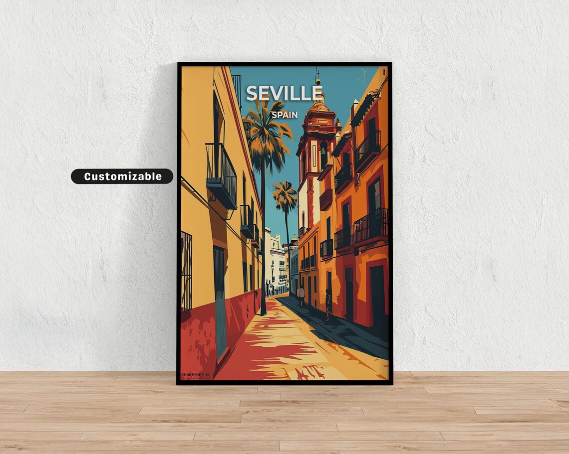 Seville Spain Sunlit Old Town Street Scene Vintage Travel Poster