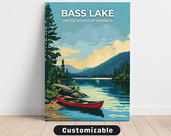 Bass Lake Red Canoe Pine Forest Mountains Vintage Travel Poster