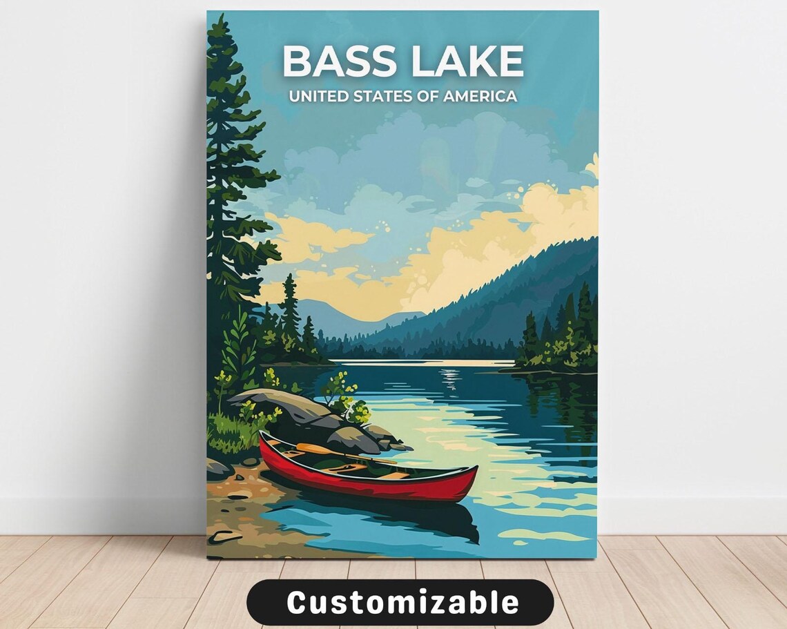 Bass Lake Red Canoe Pine Forest Mountains Vintage Travel Poster
