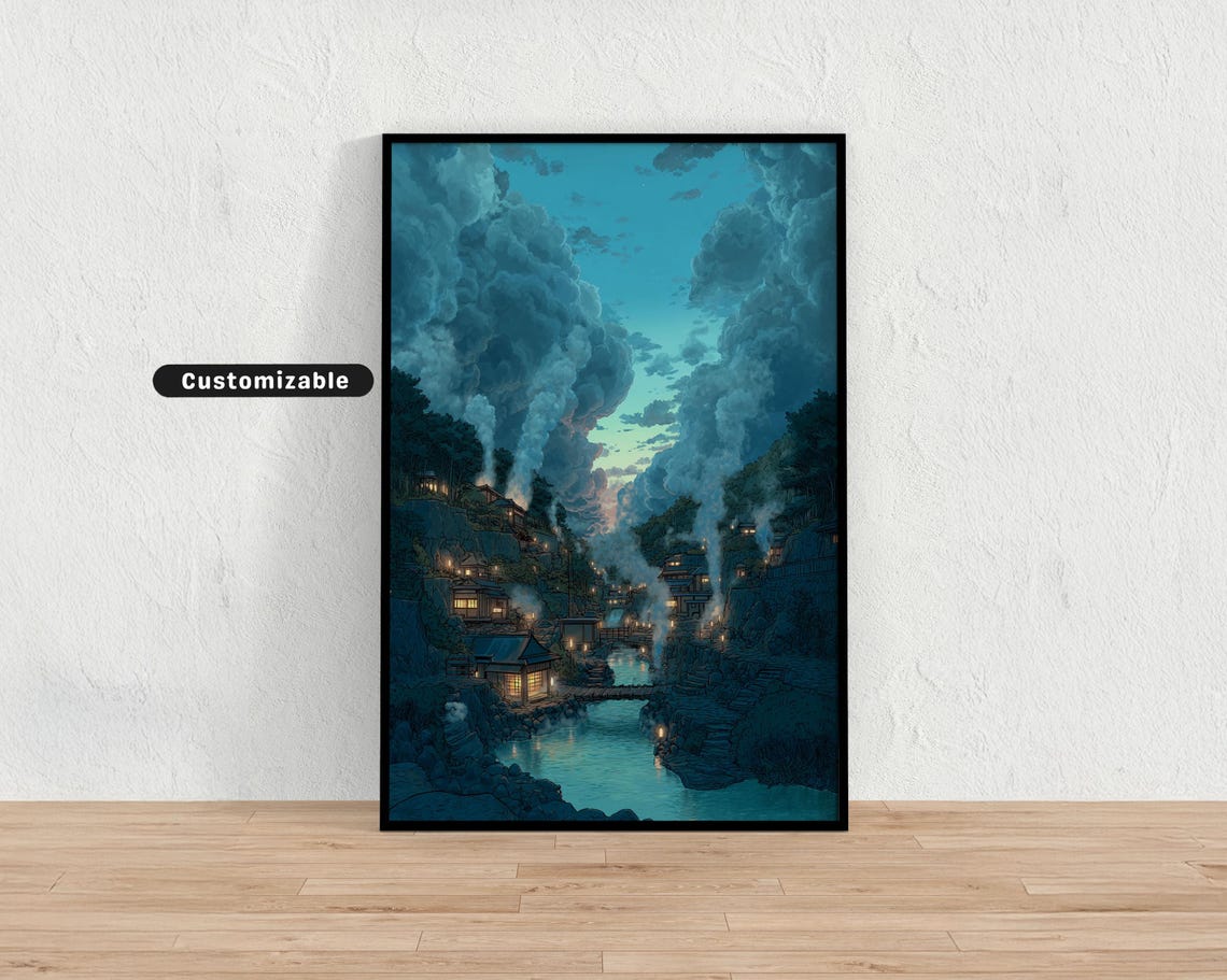 Hot Spring Village With Steam Rising Into Twilight Sky Japanese Wall Art Print Zen Asian Decor