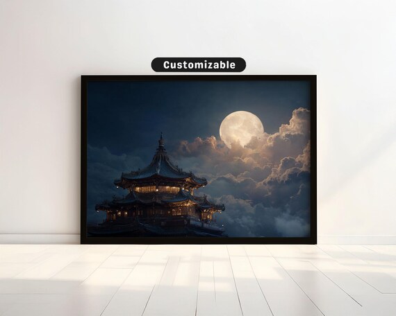Glowing Full Moon Rising Over Temple Rooftop Night Sky Asian Poster