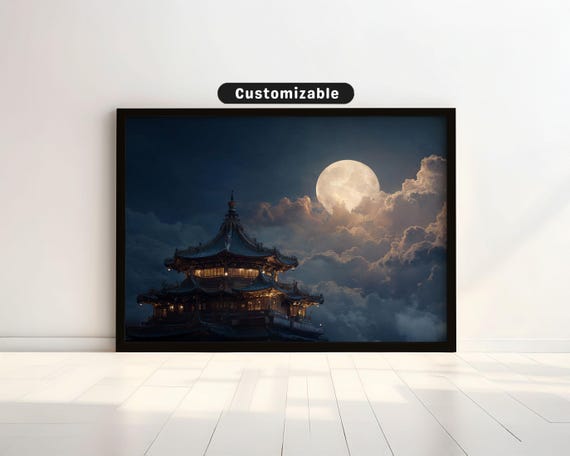 Night Sky Over Temple Rooftop With Full Moon Japanese Wall Art Print Zen Asian Decor