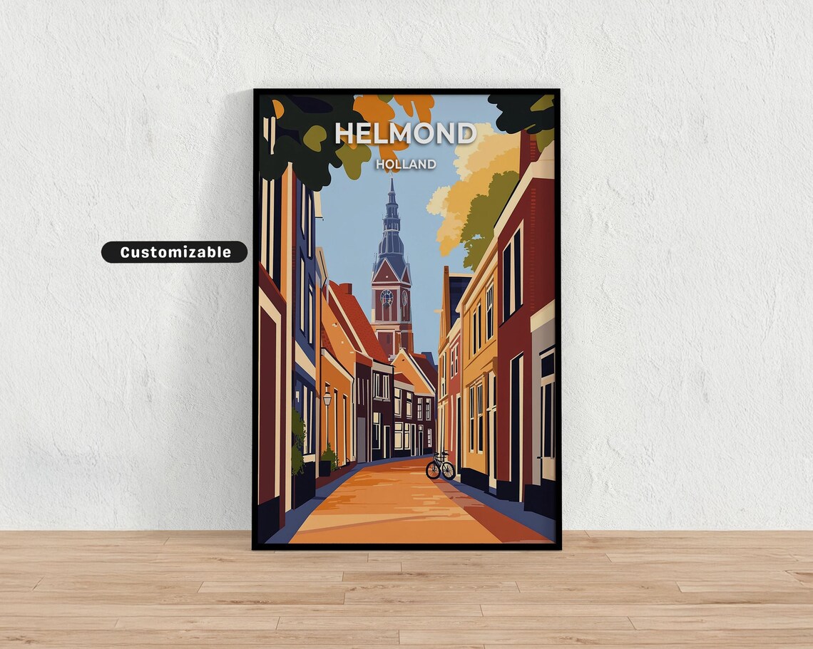 Helmond Holland Sunlit Street Clock Tower Vintage Travel Poster