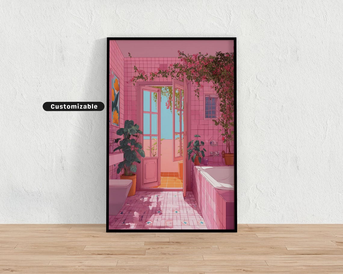 Pink Tiled Bathroom with Open Doors and Plants Illustration Poster