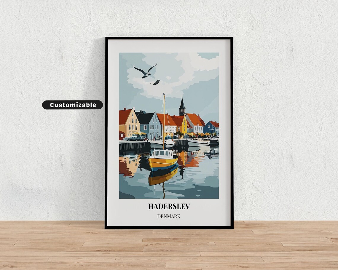 Haderslev Denmark Painted Harbor Sailboats Seagulls Travel Poster