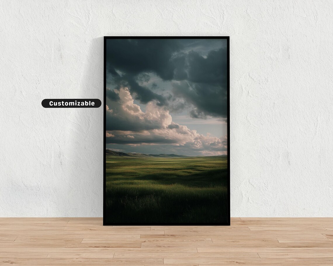 Dark Stormy Sky Over Rolling Green Field Moody Landscape Poster