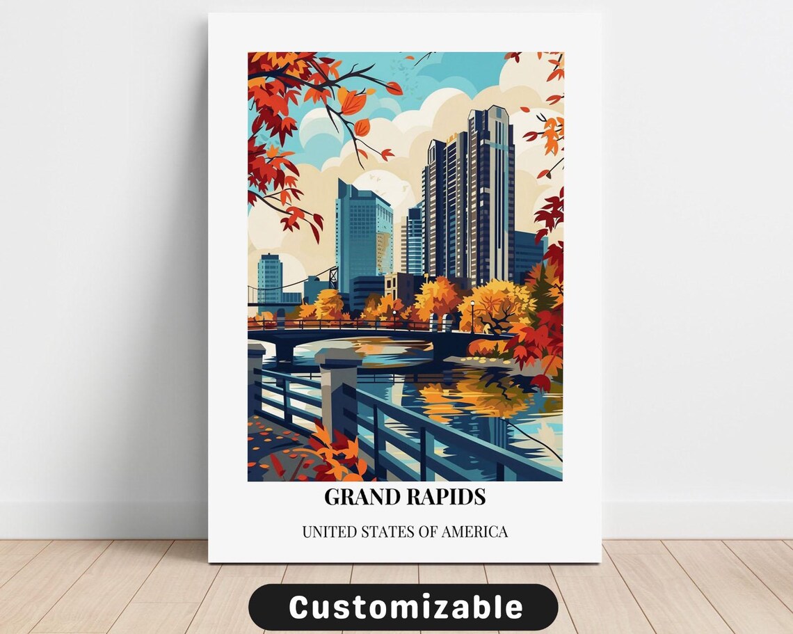 Grand Rapids Autumn River Skyline Colorful Retro Travel Poster