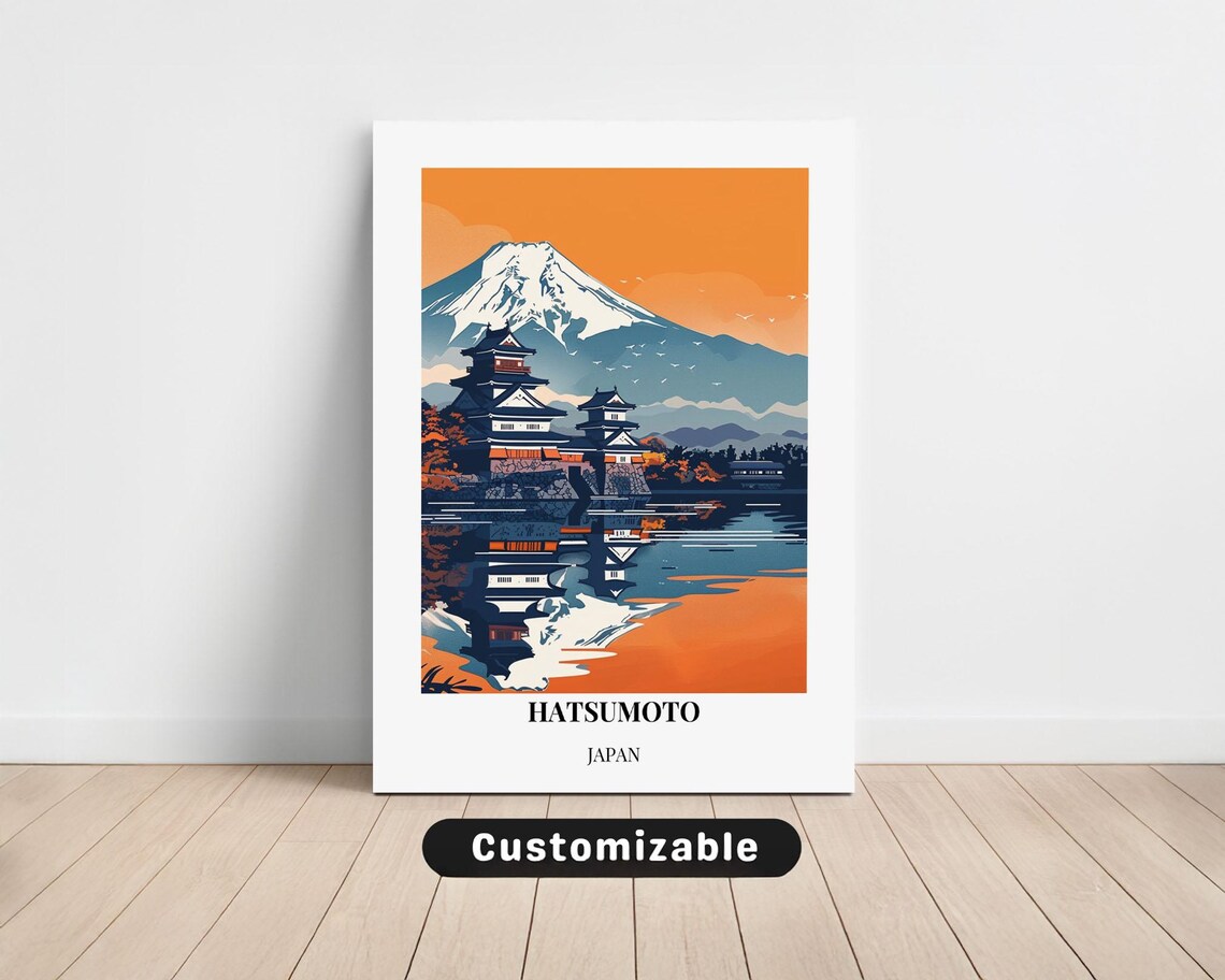Hatsumoto Japan Castle Mountain Reflection Sunset Travel Poster